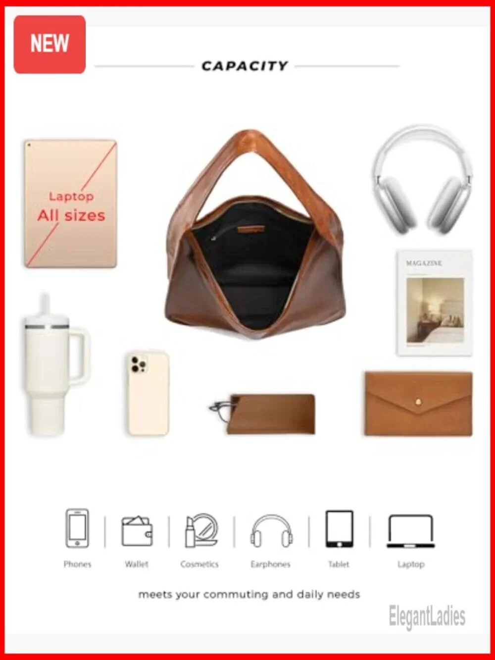 PU Leather Hobo Tote with Multiple Pockets for Work and Travel